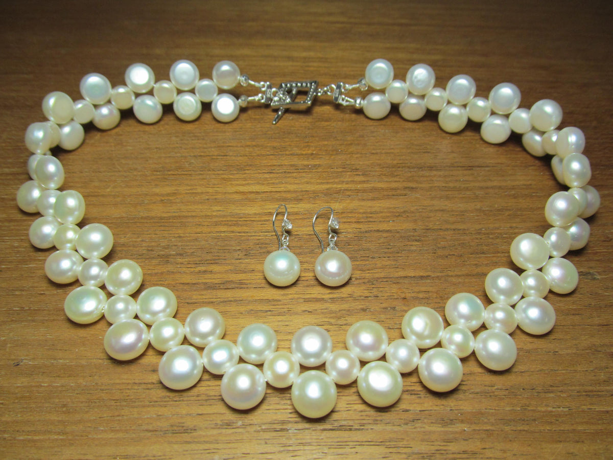 South Sea Cultured BAROQUE PEARLS Sterling Silver Choker Necklace and Earrings Set #1
