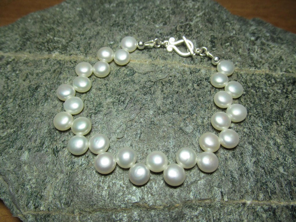 White Cultured Button PEARLS Sterling Silver Bracelet