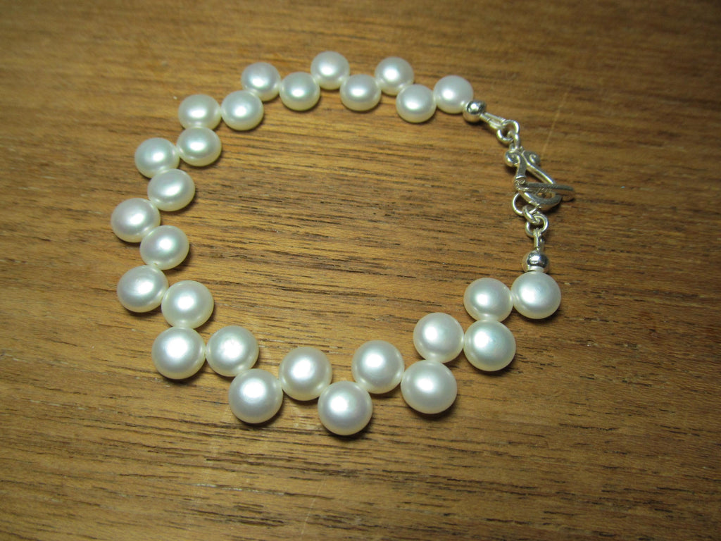 White Cultured Button PEARLS Sterling Silver Bracelet