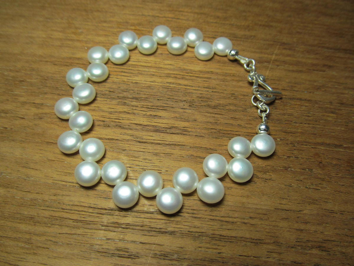 White Cultured Button PEARLS Sterling Silver Bracelet