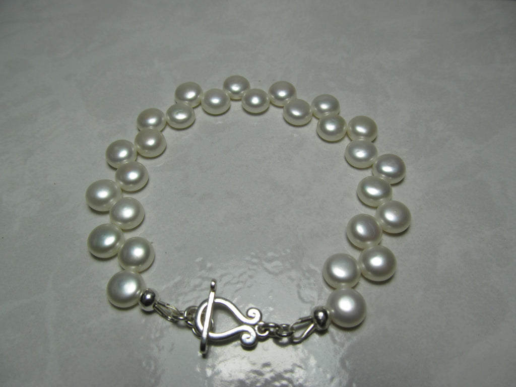 White Cultured Button PEARLS Sterling Silver Bracelet