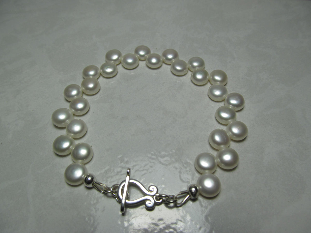 White Cultured Button PEARLS Sterling Silver Bracelet
