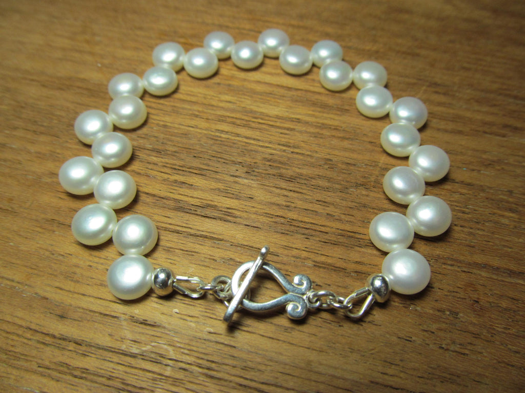 White Cultured Button PEARLS Sterling Silver Bracelet
