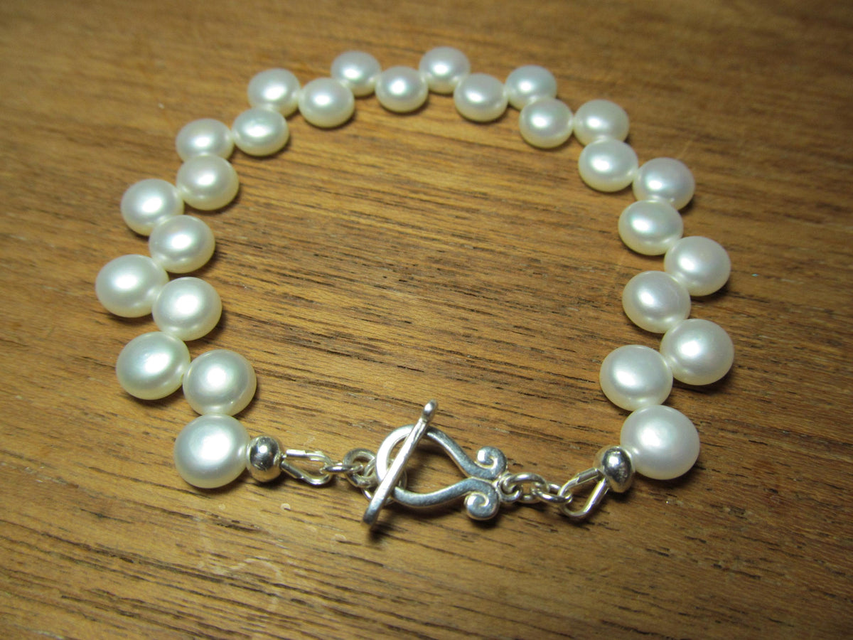 White Cultured Button PEARLS Sterling Silver Bracelet
