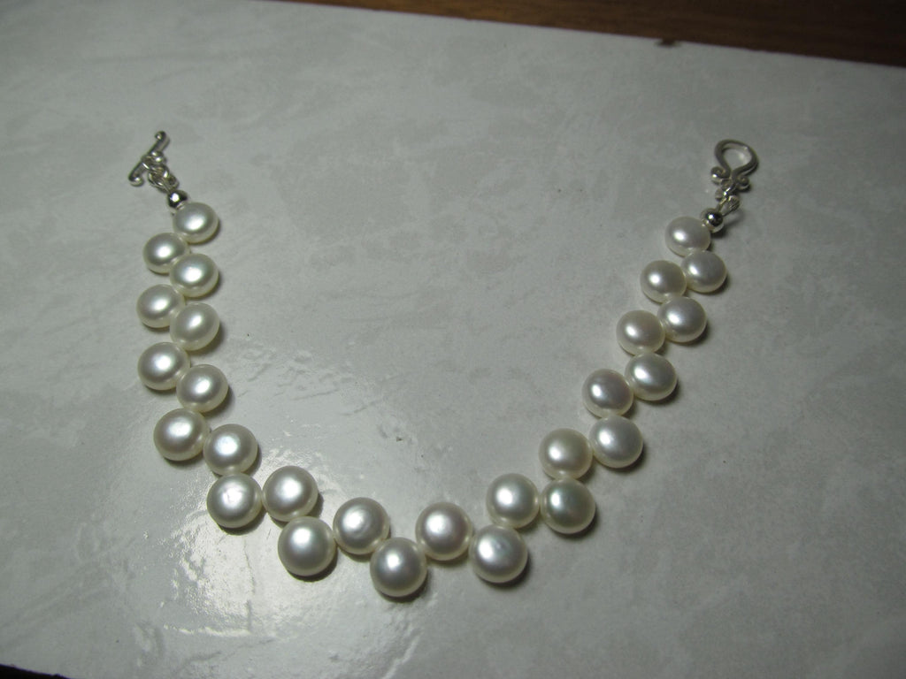 White Cultured Button PEARLS Sterling Silver Bracelet