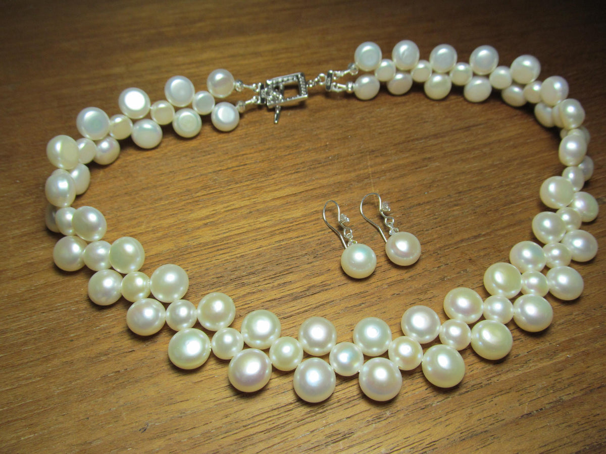 South Sea Cultured BAROQUE PEARLS Sterling Silver Choker Necklace and Earrings Set #1
