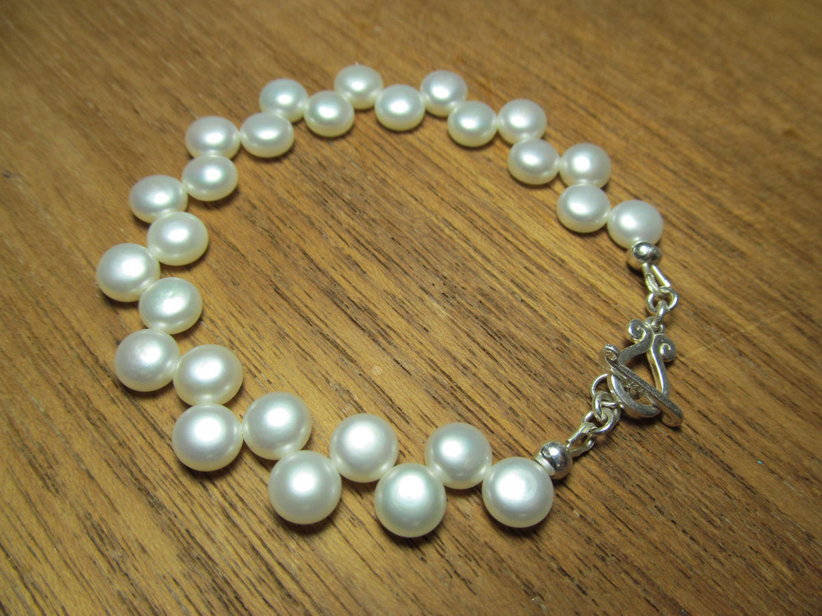 White Cultured Button PEARLS Sterling Silver Bracelet