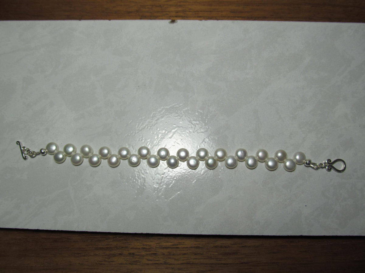 White Cultured Button PEARLS Sterling Silver Bracelet