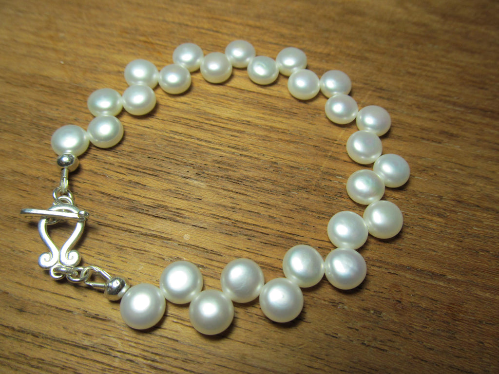 White Cultured Button PEARLS Sterling Silver Bracelet
