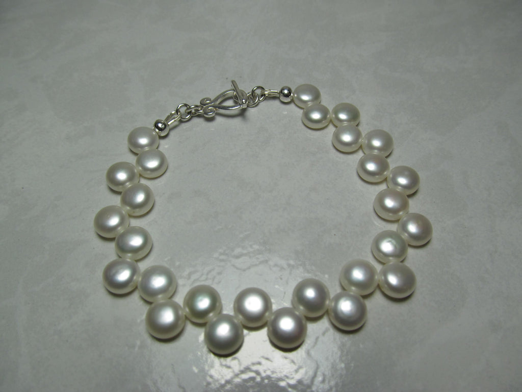 White Cultured Button PEARLS Sterling Silver Bracelet