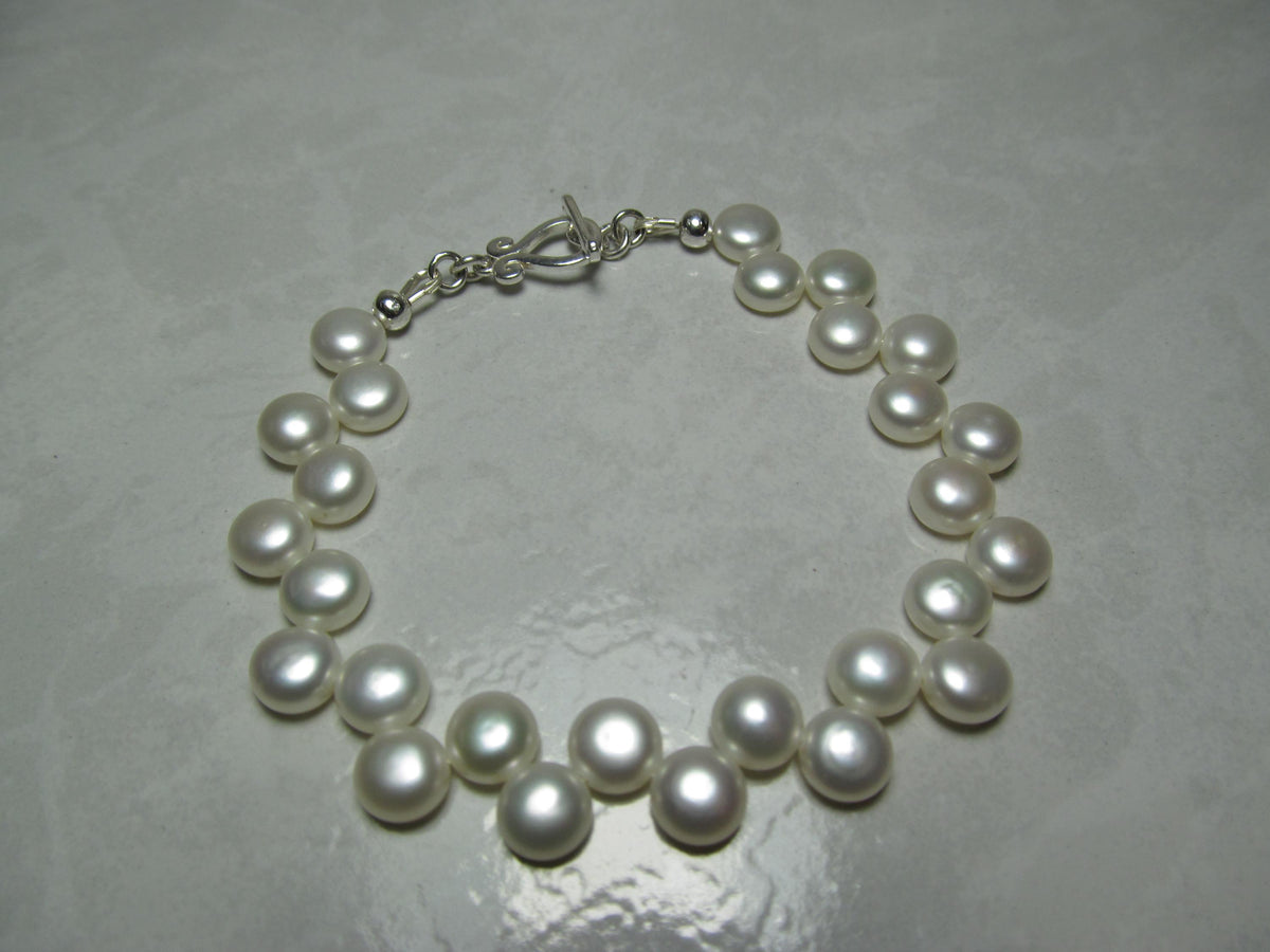 White Cultured Button PEARLS Sterling Silver Bracelet