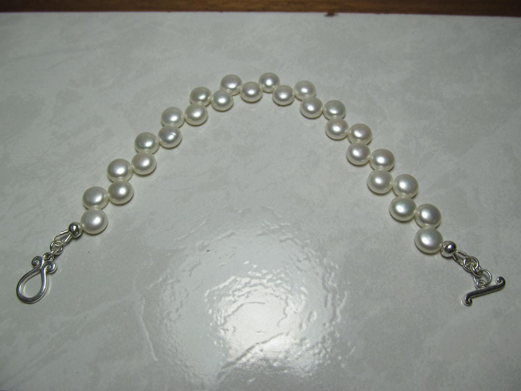 White Cultured Button PEARLS Sterling Silver Bracelet