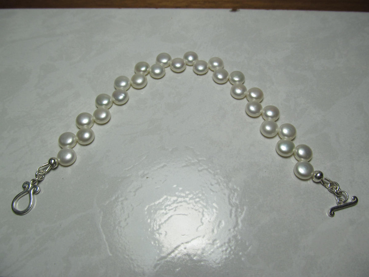 White Cultured Button PEARLS Sterling Silver Bracelet