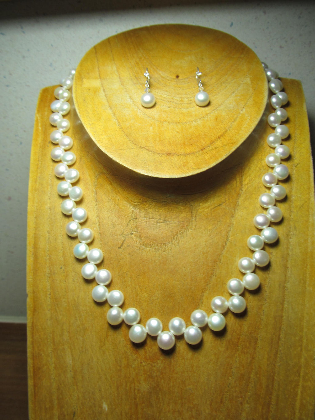 White Cultured Button PEARLS Sterling Silver Necklace, Earrings & Bracelet Set
