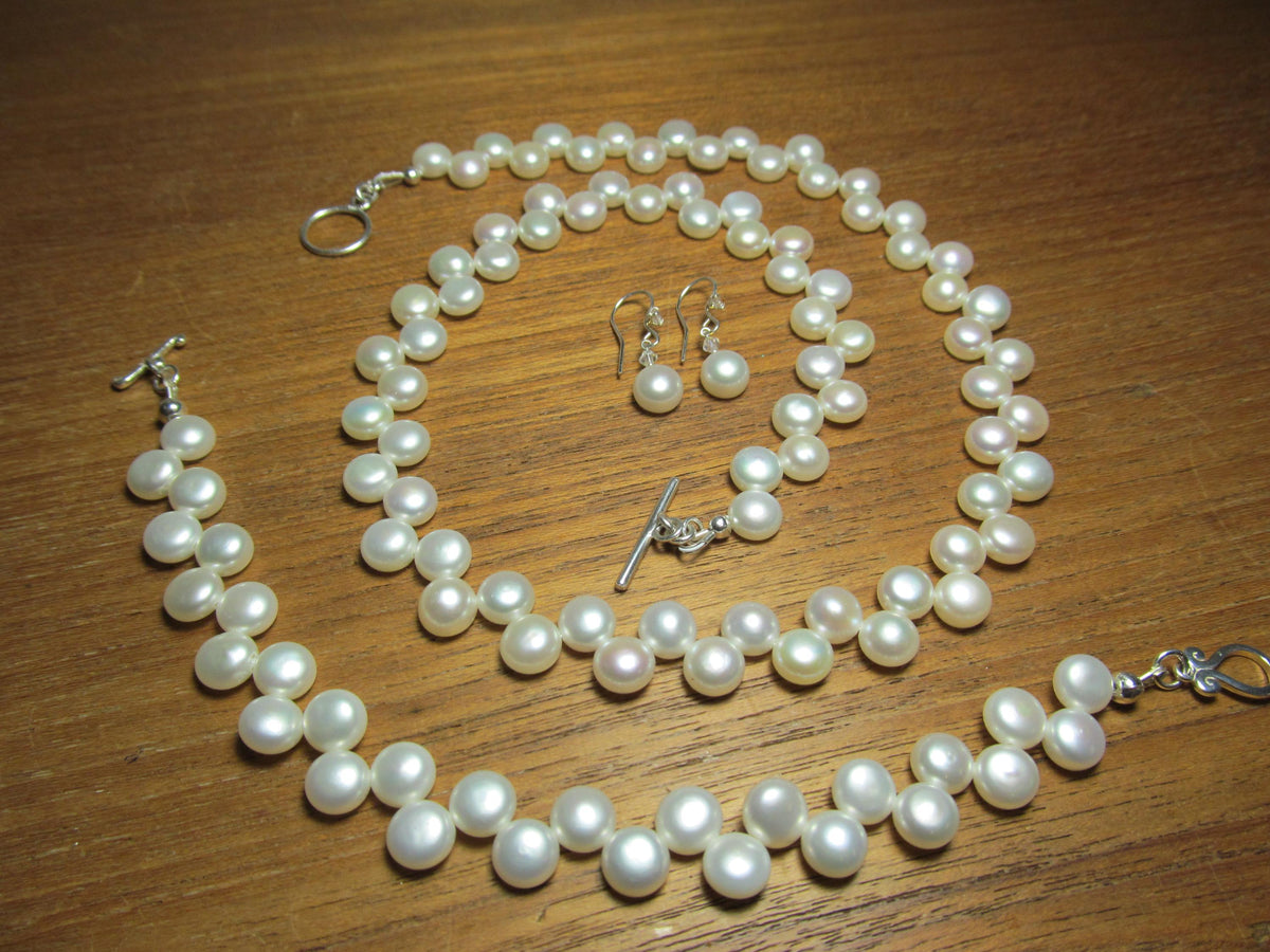 White Cultured Button PEARLS Sterling Silver Necklace, Earrings & Bracelet Set