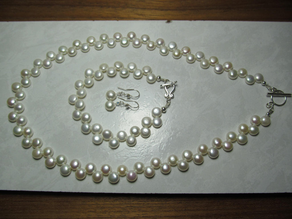 White Cultured Button PEARLS Sterling Silver Necklace, Earrings & Bracelet Set