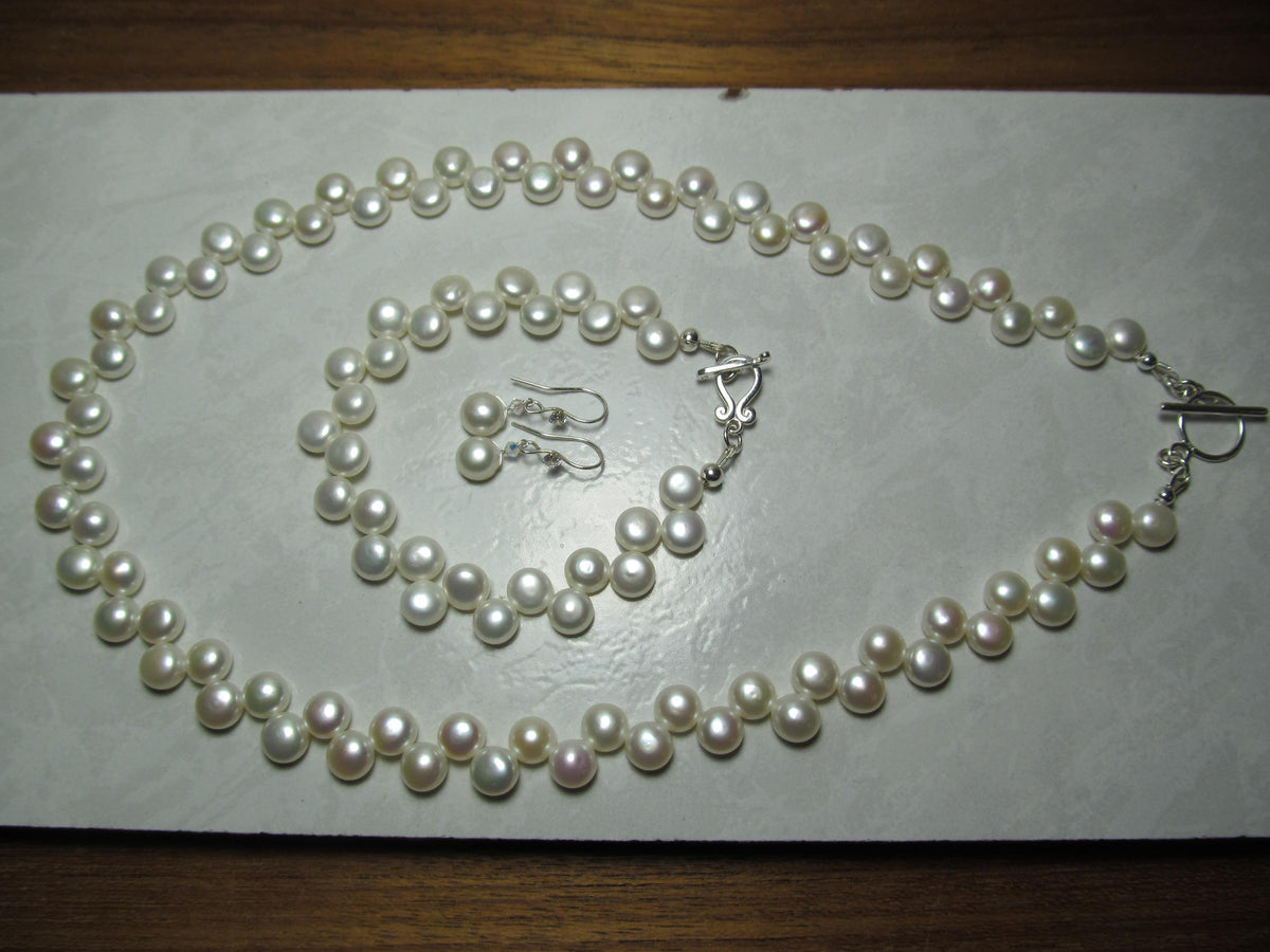 White Cultured Button PEARLS Sterling Silver Necklace, Earrings & Bracelet Set