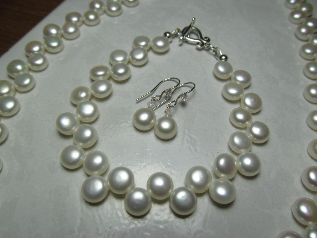 White Cultured Button PEARLS Sterling Silver Necklace, Earrings & Bracelet Set