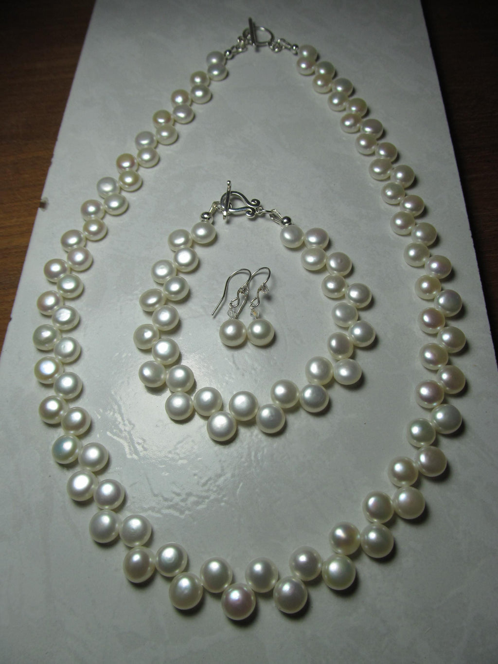 White Cultured Button PEARLS Sterling Silver Necklace, Earrings & Bracelet Set