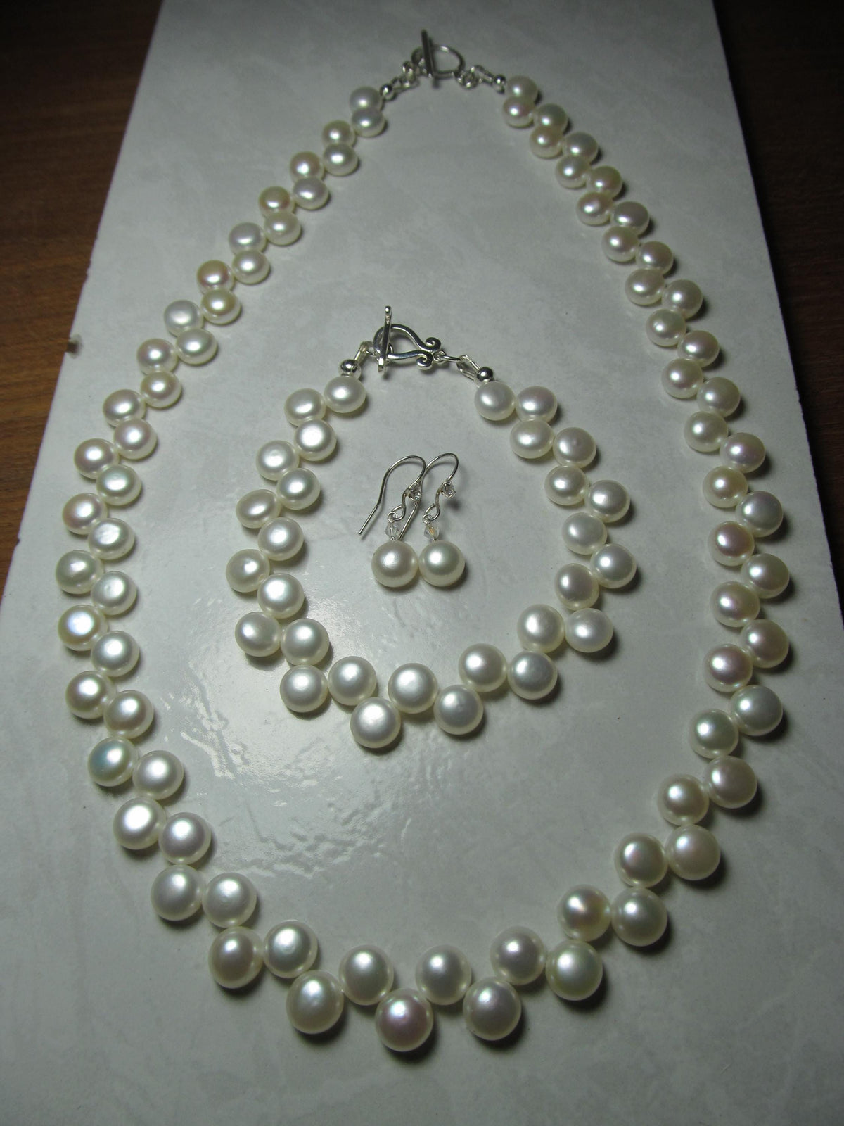 White Cultured Button PEARLS Sterling Silver Necklace, Earrings & Bracelet Set