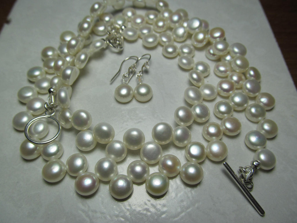 White Cultured Button PEARLS Sterling Silver Necklace, Earrings & Bracelet Set