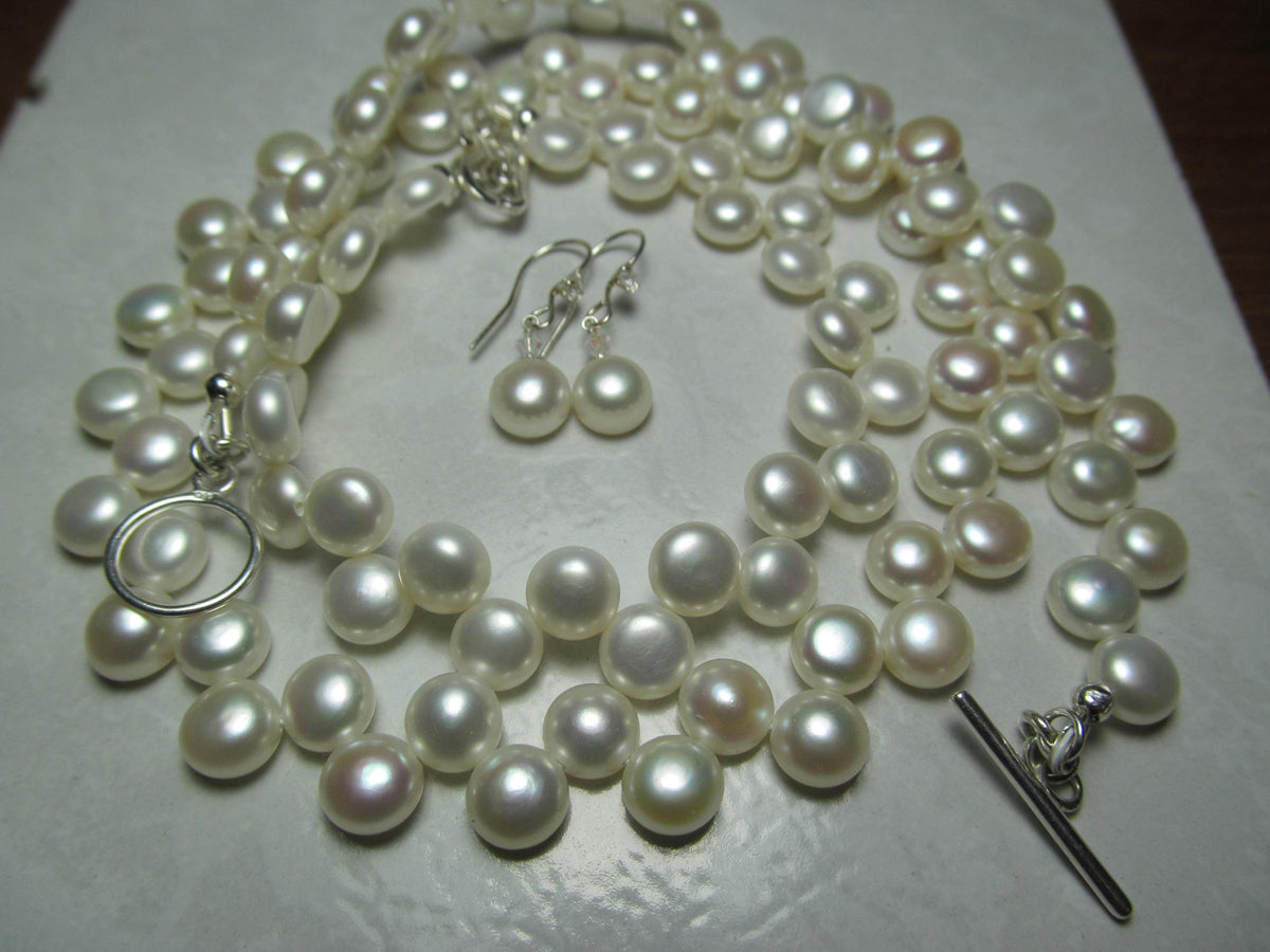 White Cultured Button PEARLS Sterling Silver Necklace, Earrings & Bracelet Set