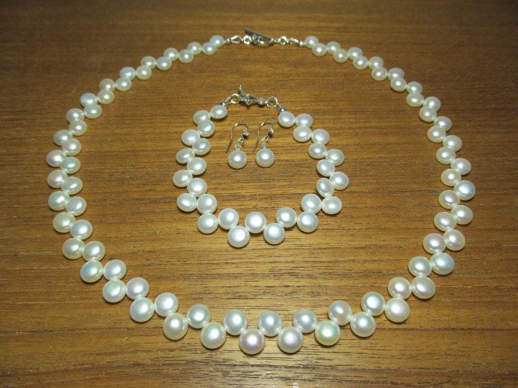 White Cultured Button PEARLS Sterling Silver Necklace, Earrings & Bracelet Set