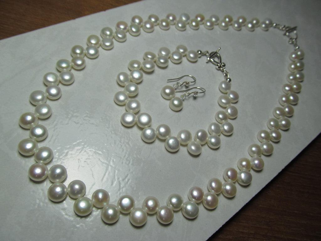 White Cultured Button PEARLS Sterling Silver Necklace, Earrings & Bracelet Set