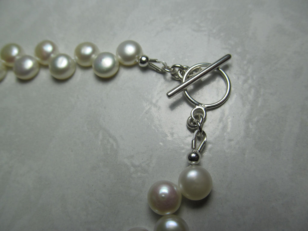 White Cultured Button PEARLS Sterling Silver Necklace, Earrings & Bracelet Set