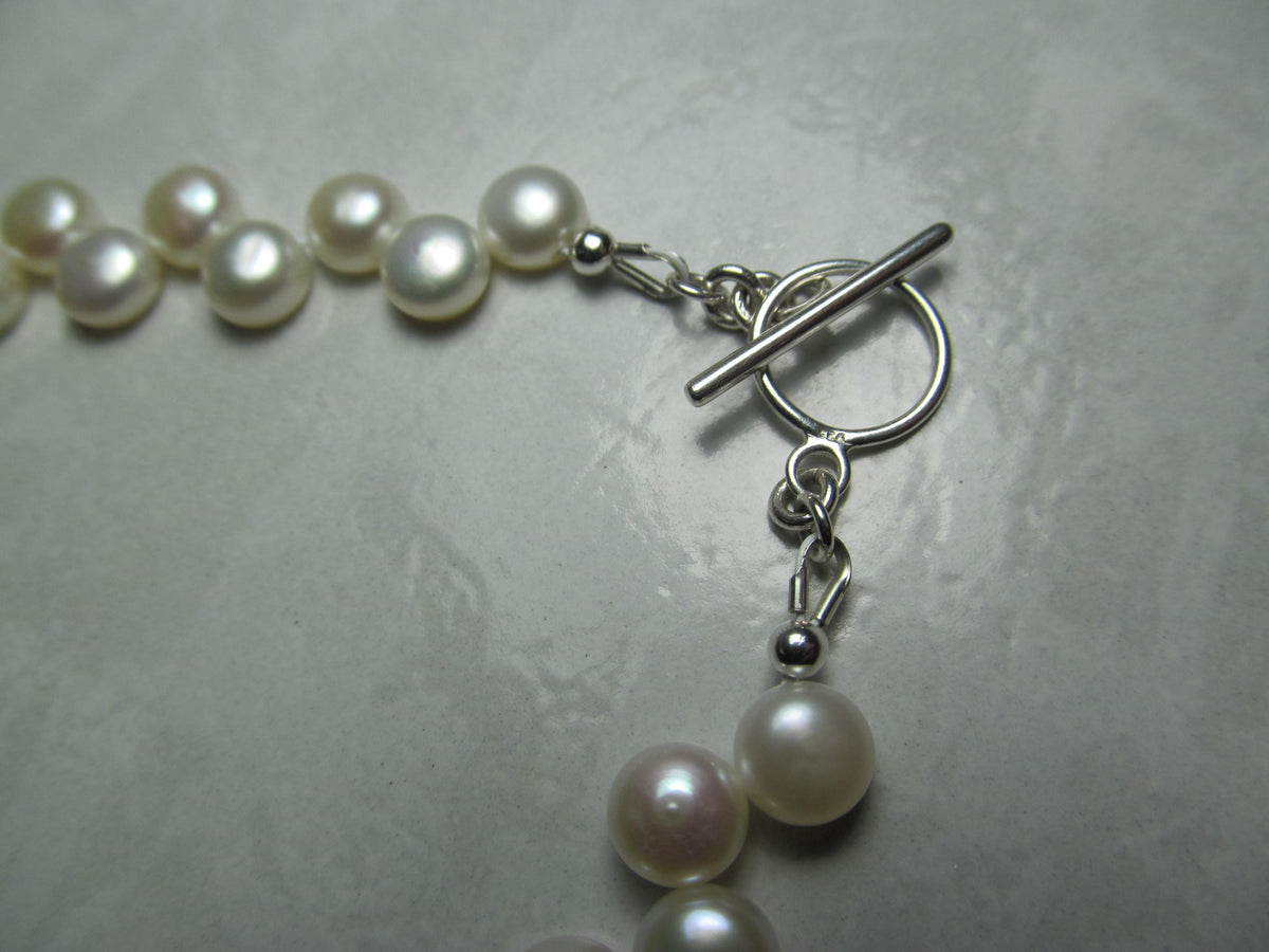 White Cultured Button PEARLS Sterling Silver Necklace, Earrings & Bracelet Set