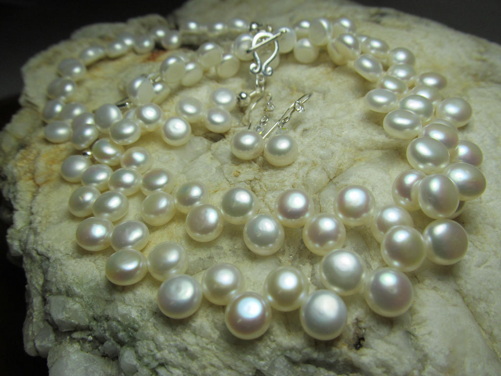 White Cultured Button PEARLS Sterling Silver Necklace, Earrings & Bracelet Set