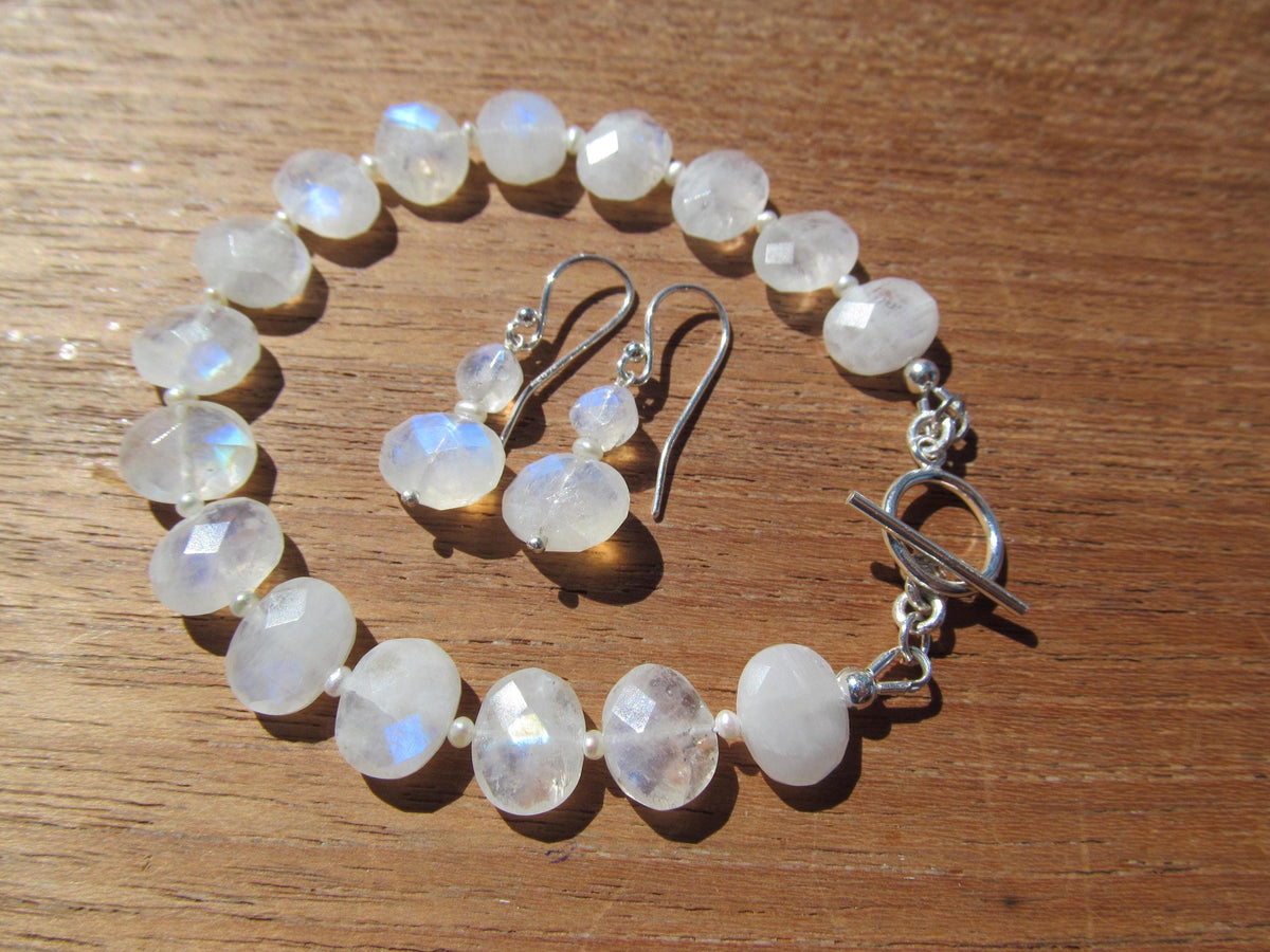 RAINBOW MOONSTONE faceted oval beads Sterling Silver Bracelet and Earrings Set