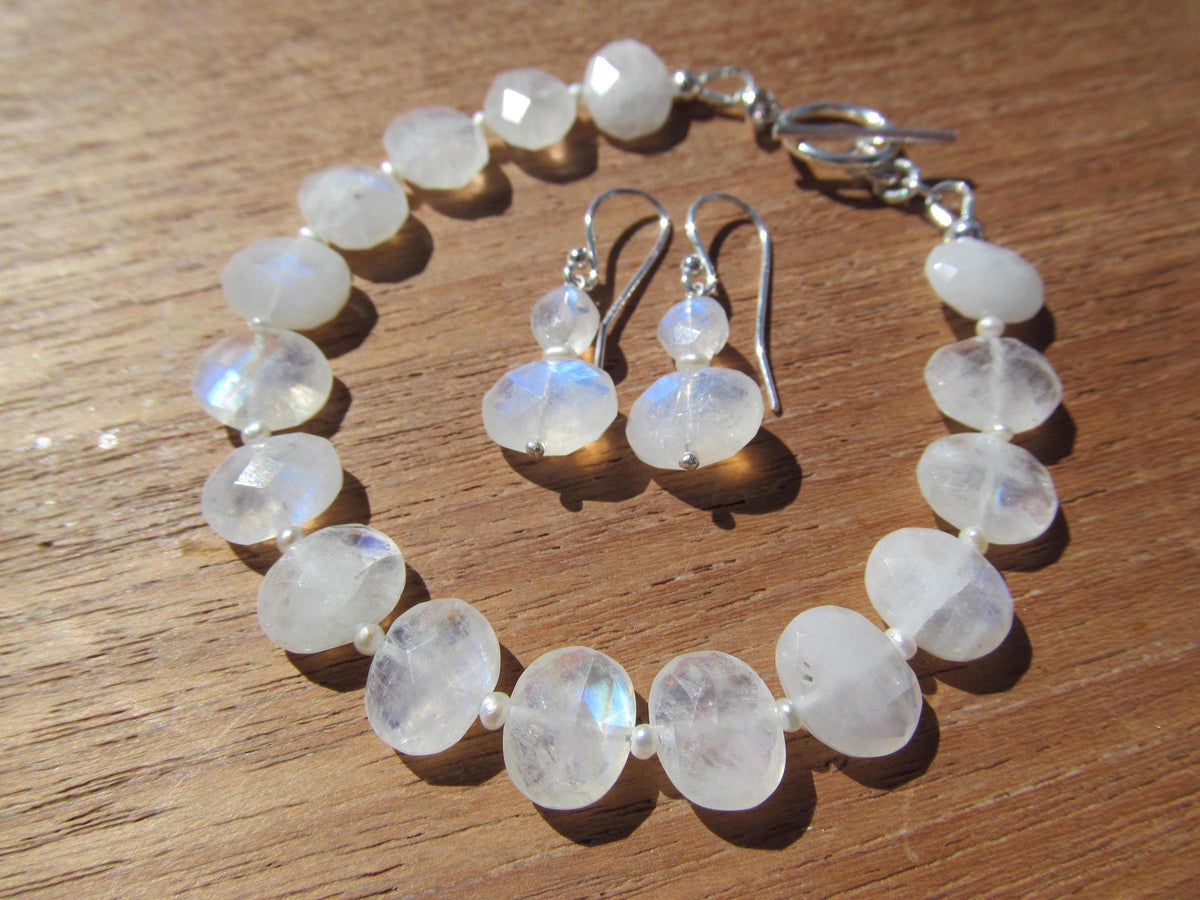 RAINBOW MOONSTONE faceted oval beads Sterling Silver Bracelet and Earrings Set