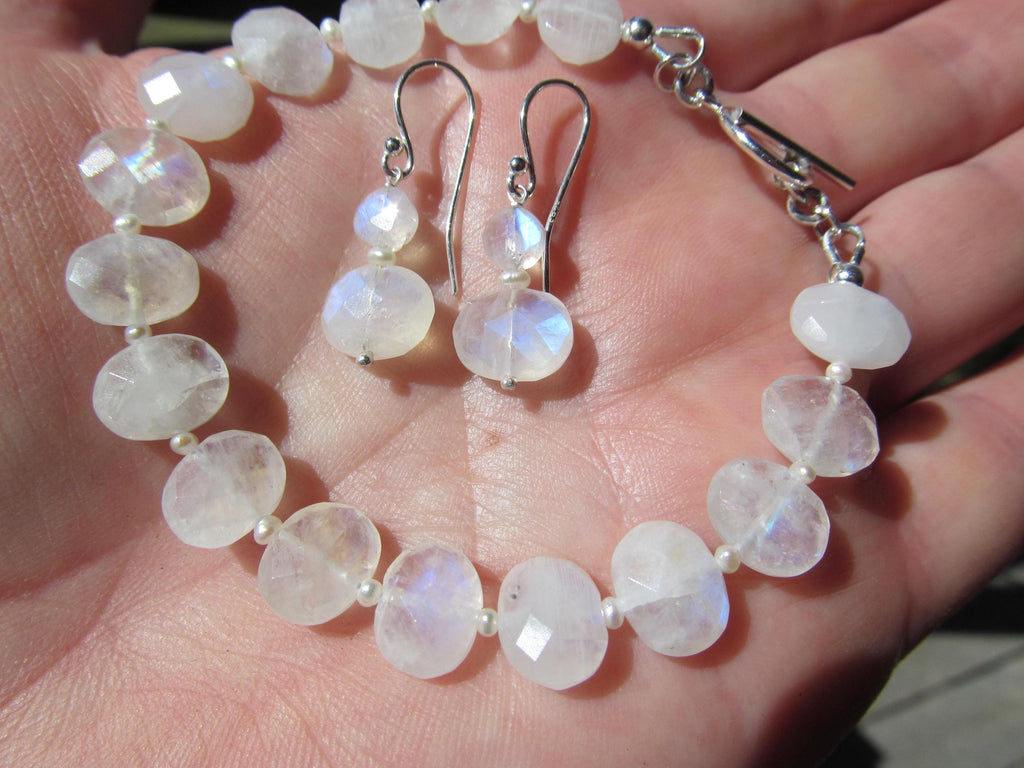 RAINBOW MOONSTONE faceted oval beads Sterling Silver Bracelet and Earrings Set