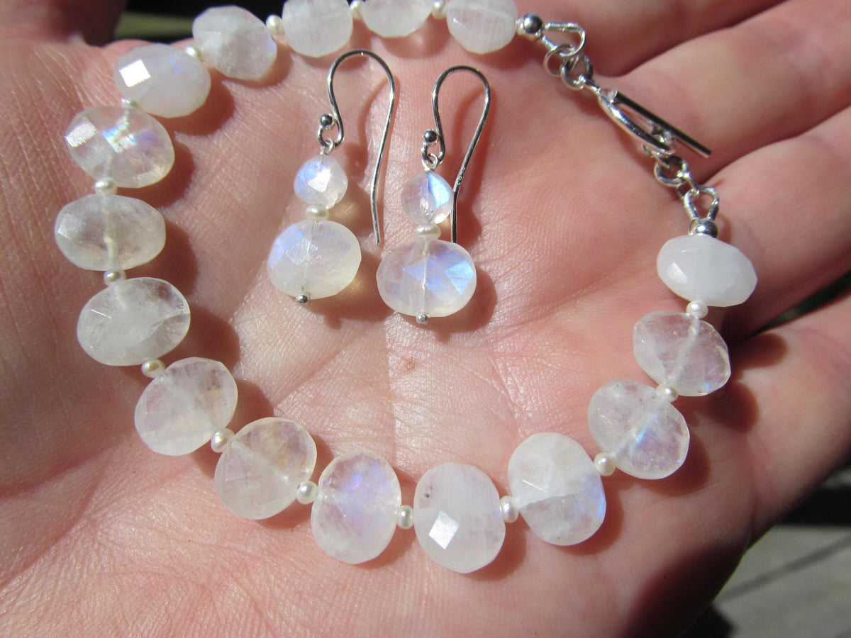 RAINBOW MOONSTONE faceted oval beads Sterling Silver Bracelet and Earrings Set