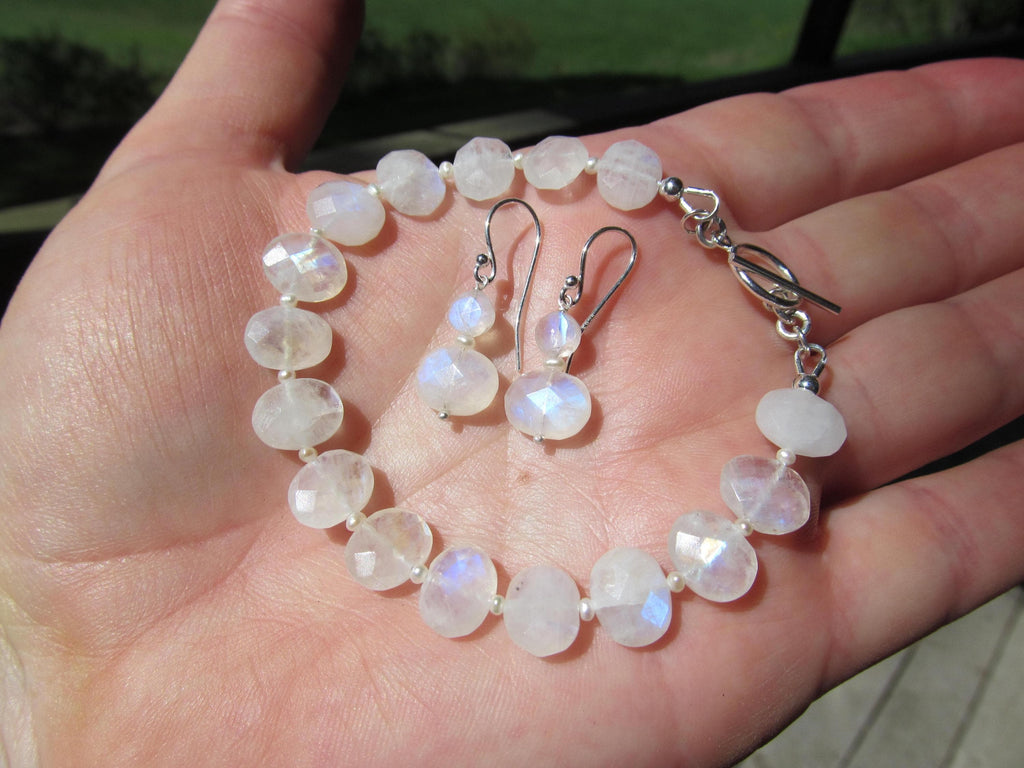 RAINBOW MOONSTONE faceted oval beads Sterling Silver Bracelet and Earrings Set