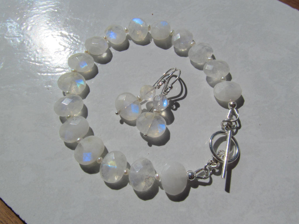 RAINBOW MOONSTONE faceted oval beads Sterling Silver Bracelet and Earrings Set