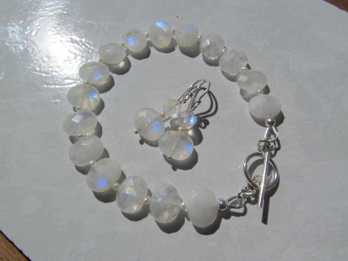 RAINBOW MOONSTONE faceted oval beads Sterling Silver Bracelet and Earrings Set