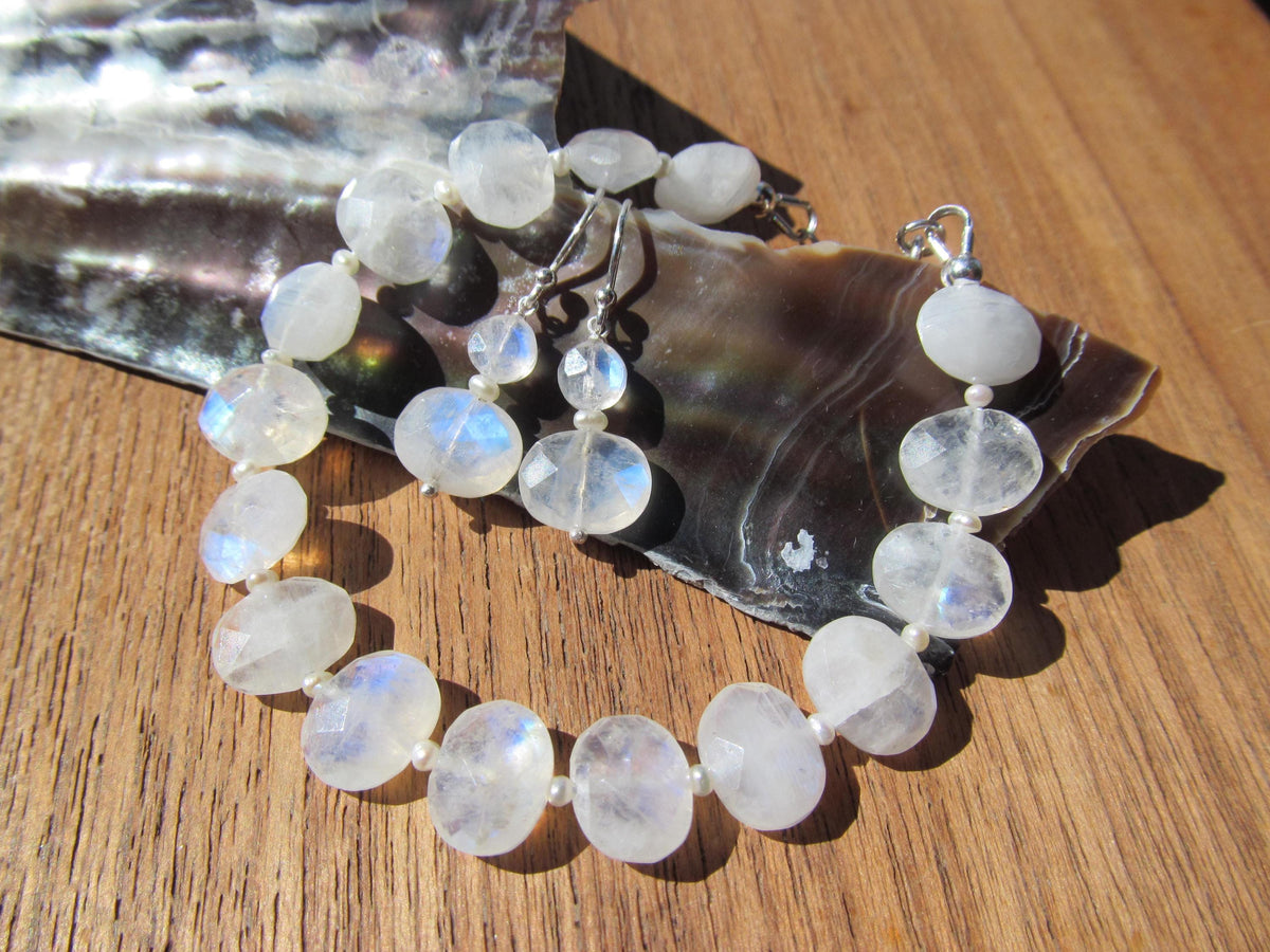 RAINBOW MOONSTONE faceted oval beads Sterling Silver Bracelet and Earrings Set