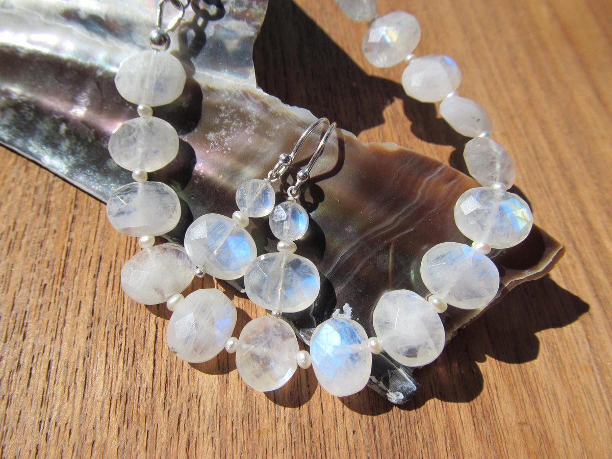 RAINBOW MOONSTONE faceted oval beads Sterling Silver Bracelet and Earrings Set