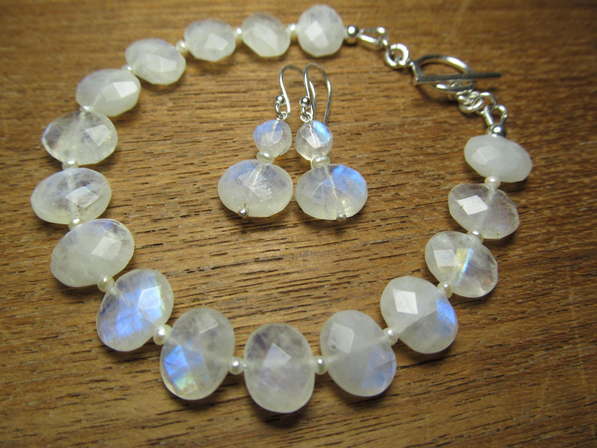RAINBOW MOONSTONE faceted oval beads Sterling Silver Bracelet and Earrings Set