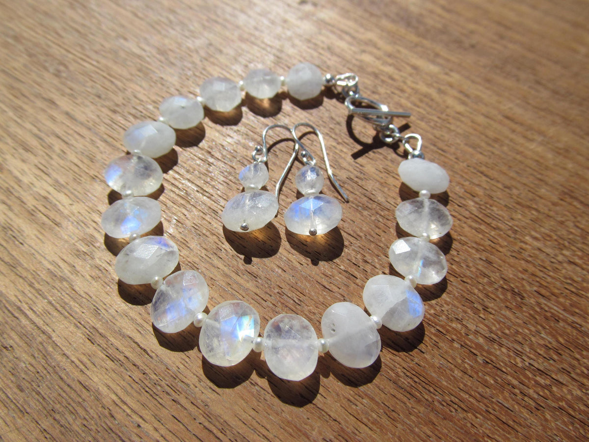 RAINBOW MOONSTONE faceted oval beads Sterling Silver Bracelet and Earrings Set