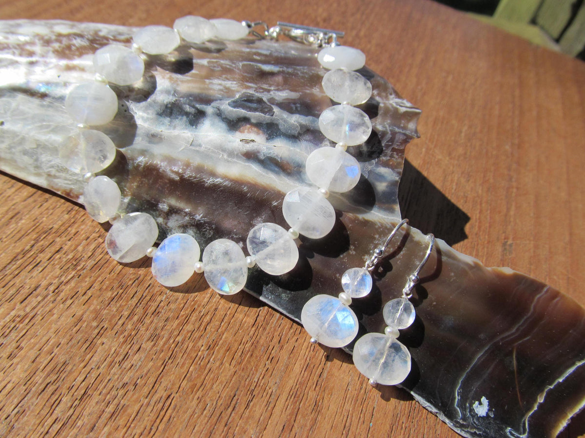 RAINBOW MOONSTONE faceted oval beads Sterling Silver Bracelet and Earrings Set
