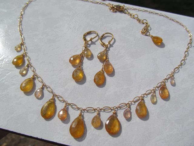Sri Lanka PADPARADSCHA SAPPHIRE faceted briolette beads 14k Gold filled necklace & earrings set