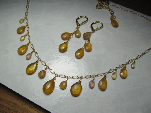 Sri Lanka PADPARADSCHA SAPPHIRE faceted briolette beads 14k Gold filled necklace & earrings set