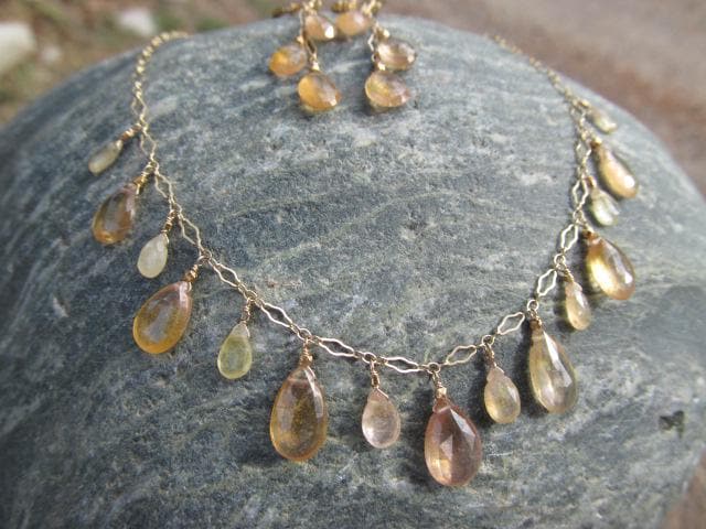 Sri Lanka Golden PADPARADSCHA SAPPHIRE faceted briolette beads 14k Gold filled necklace & earrings set