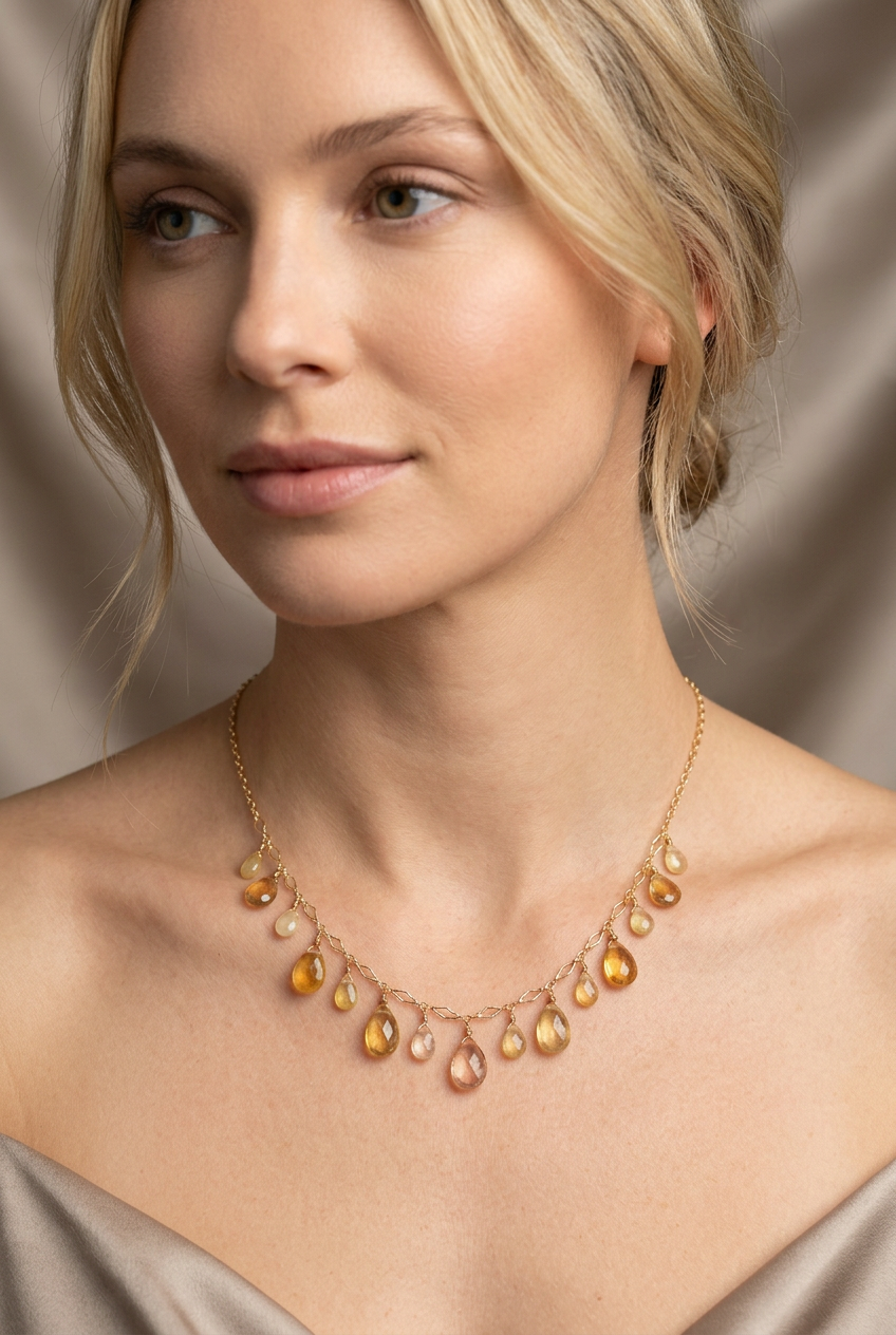 Sri Lanka Golden PADPARADSCHA SAPPHIRE faceted briolette beads 14k Gold filled necklace & earrings set