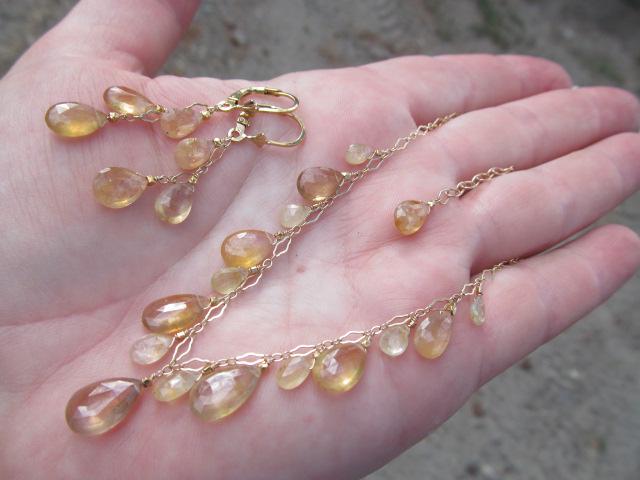 Sri Lanka Golden PADPARADSCHA SAPPHIRE faceted briolette beads 14k Gold filled necklace & earrings set