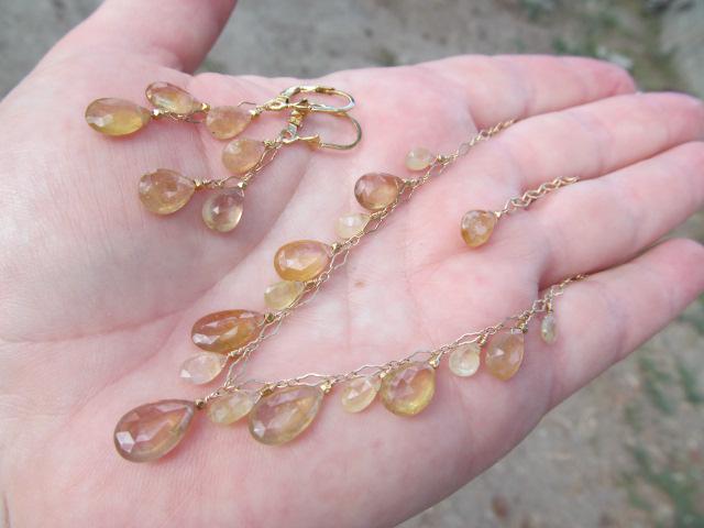 Sri Lanka Golden PADPARADSCHA SAPPHIRE faceted briolette beads 14k Gold filled necklace & earrings set