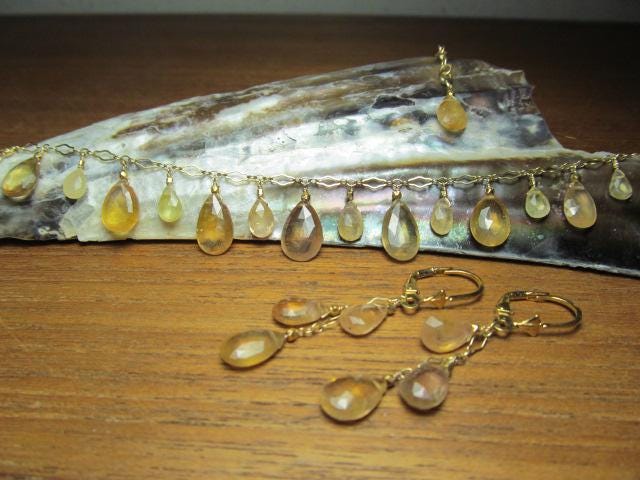 Sri Lanka Golden PADPARADSCHA SAPPHIRE faceted briolette beads 14k Gold filled necklace & earrings set
